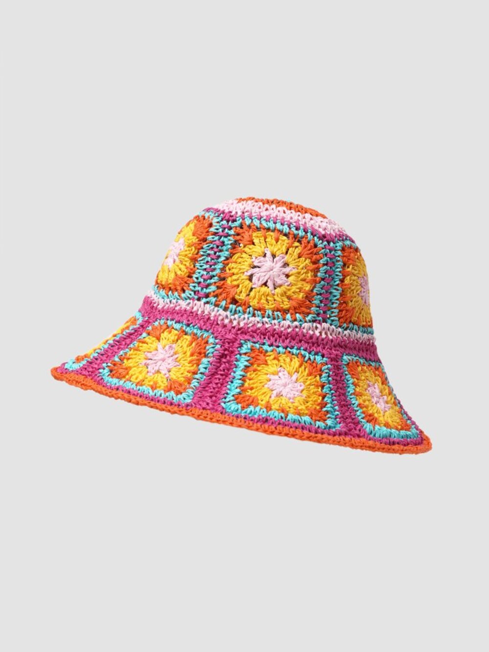 Vibrant Floral Paper Crochet Granny Square Packable Bucket Hat - Multicolor